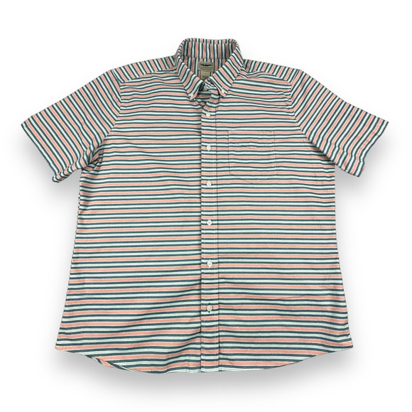 LL Bean Shirt Adult LARGE Salmon Pink Pastel Striped Button Up Mens Gray Blue - Picture 1 of 5
